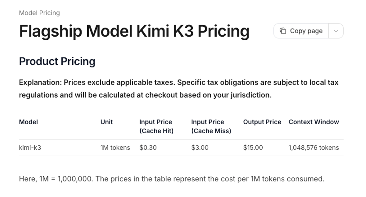 Kimi K3 API Pricing and Real Cost