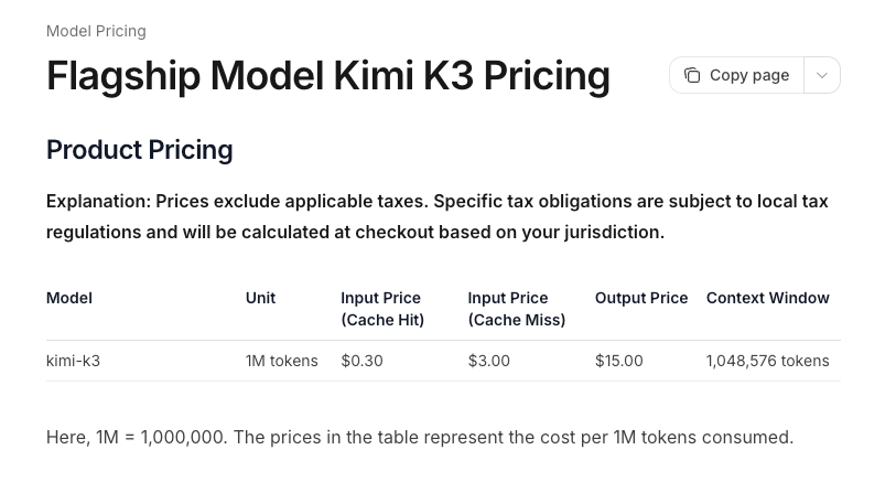 Kimi K3 API Pricing and Real Cost