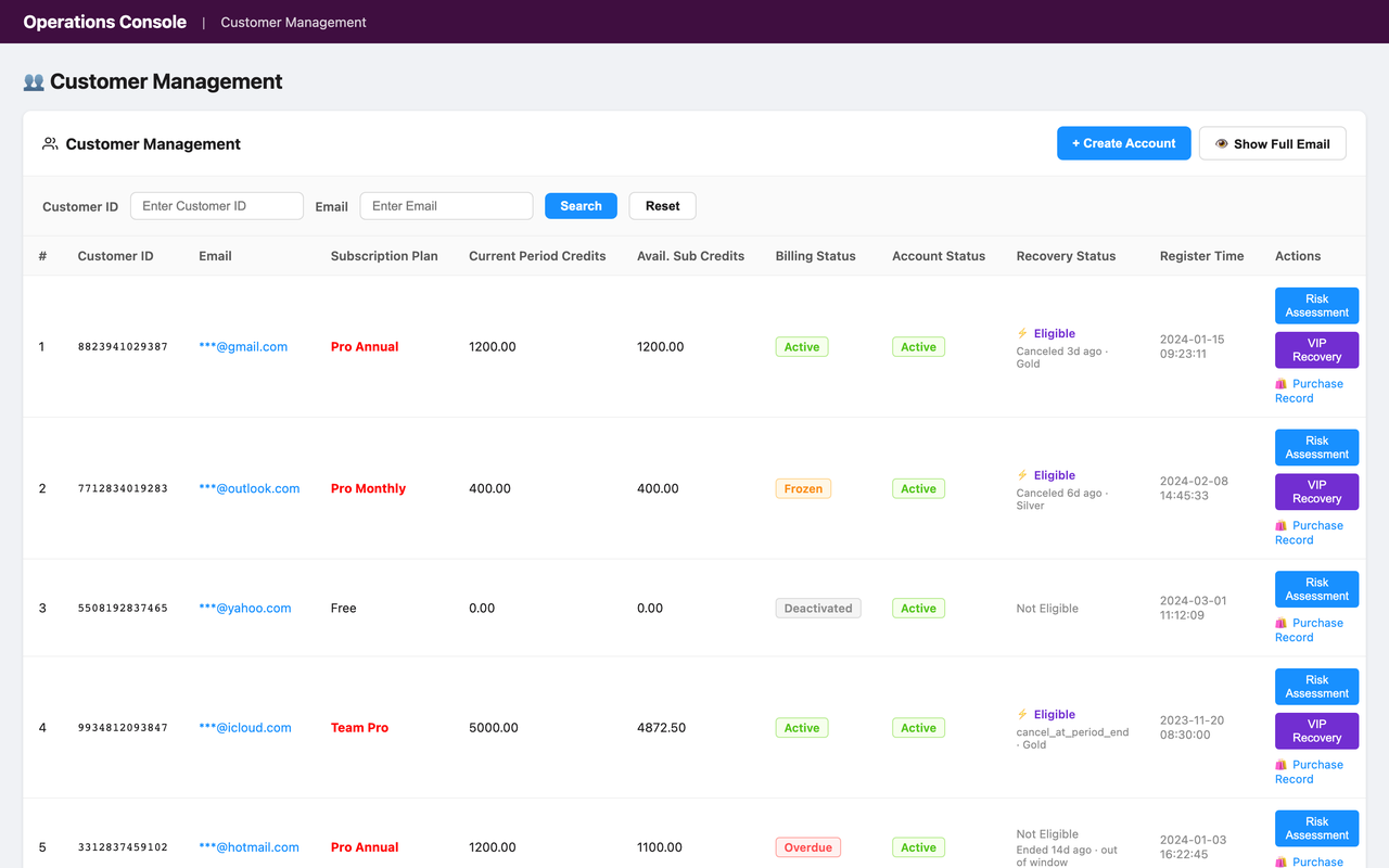 customer management screenshot