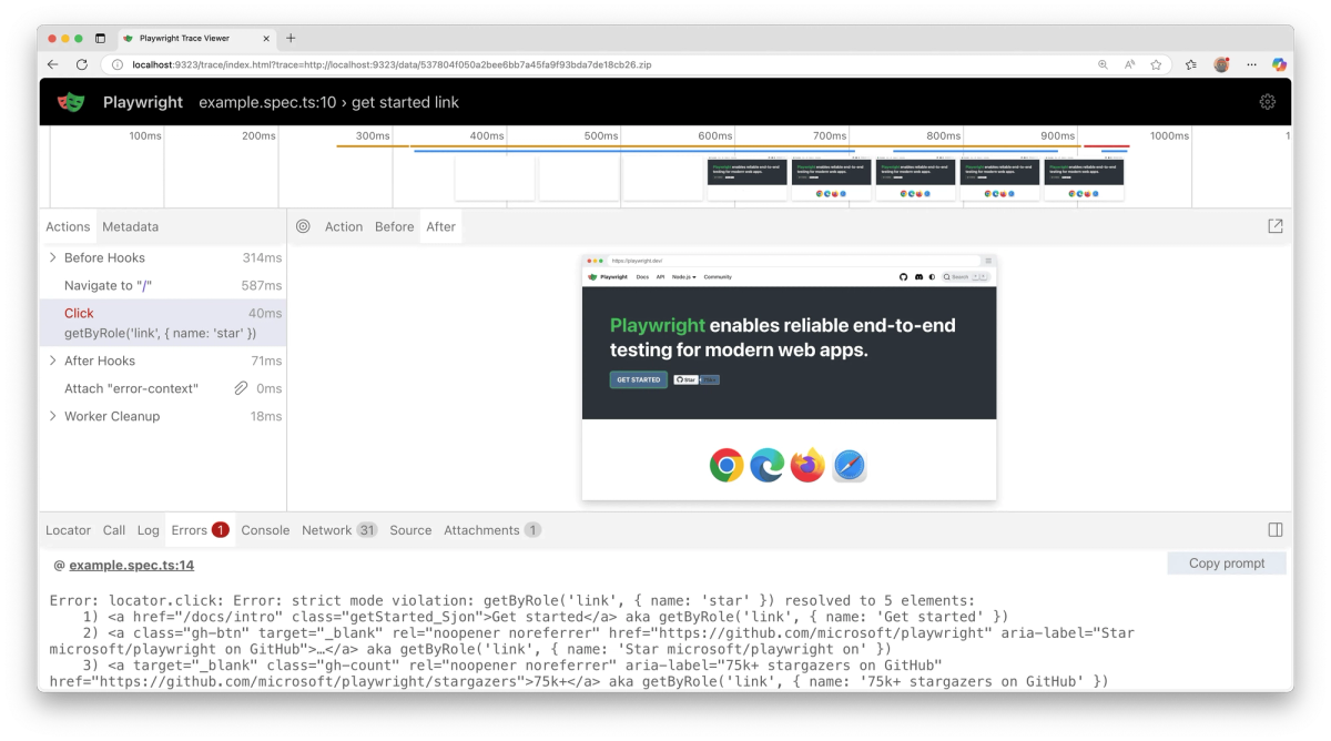For browser work, Playwright can retain traces on failure or on a first retry, giving a reviewer actions, network context, screenshots, and errors to inspect. 