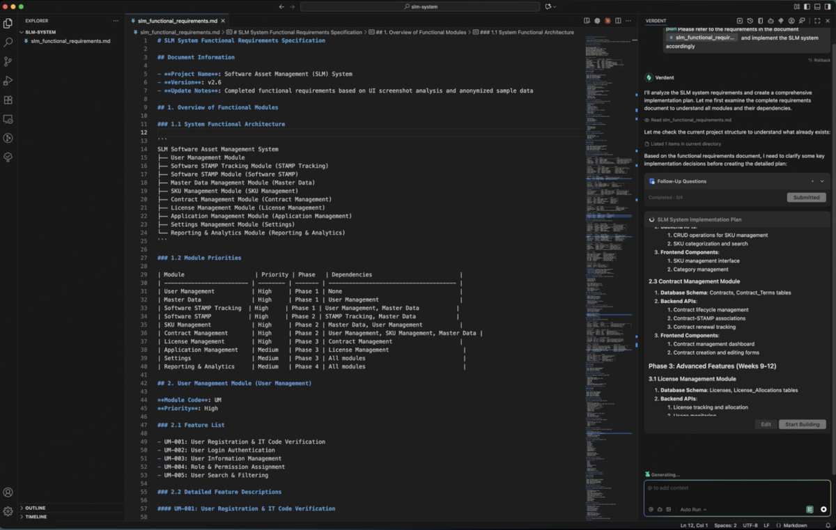 Verdent system requirements document editing interface with AI suggestions and code snippets.
