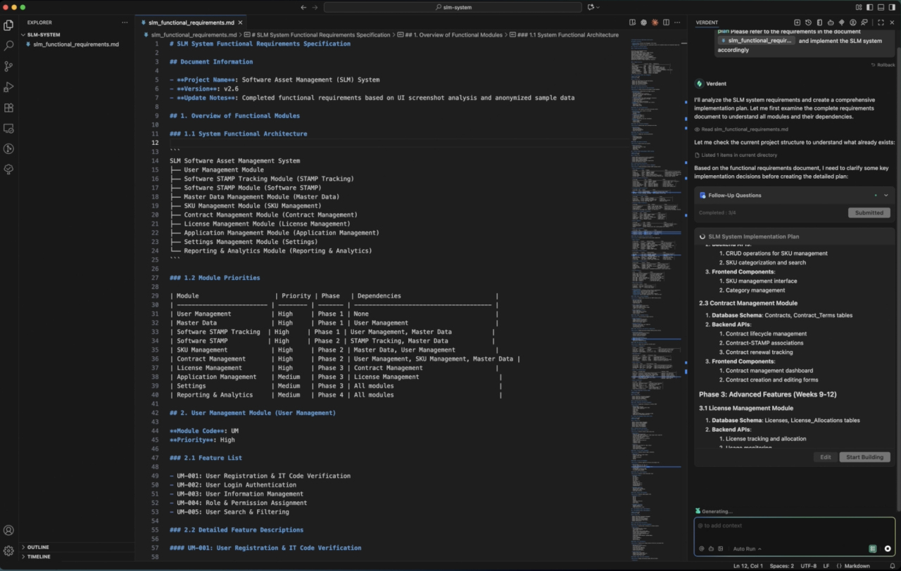 Verdent system requirements document editing interface with AI suggestions and code snippets.