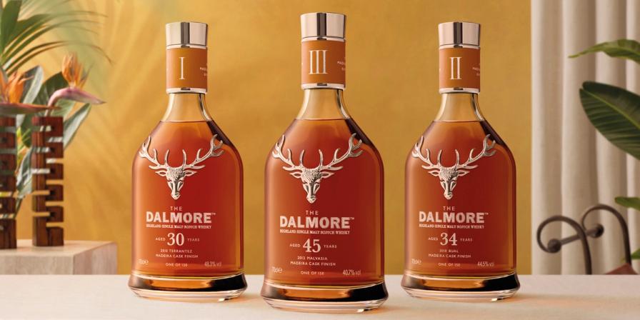 The Dalmore 30, 45 and 34 Year Old Madeira Cask Edition bottles side by side