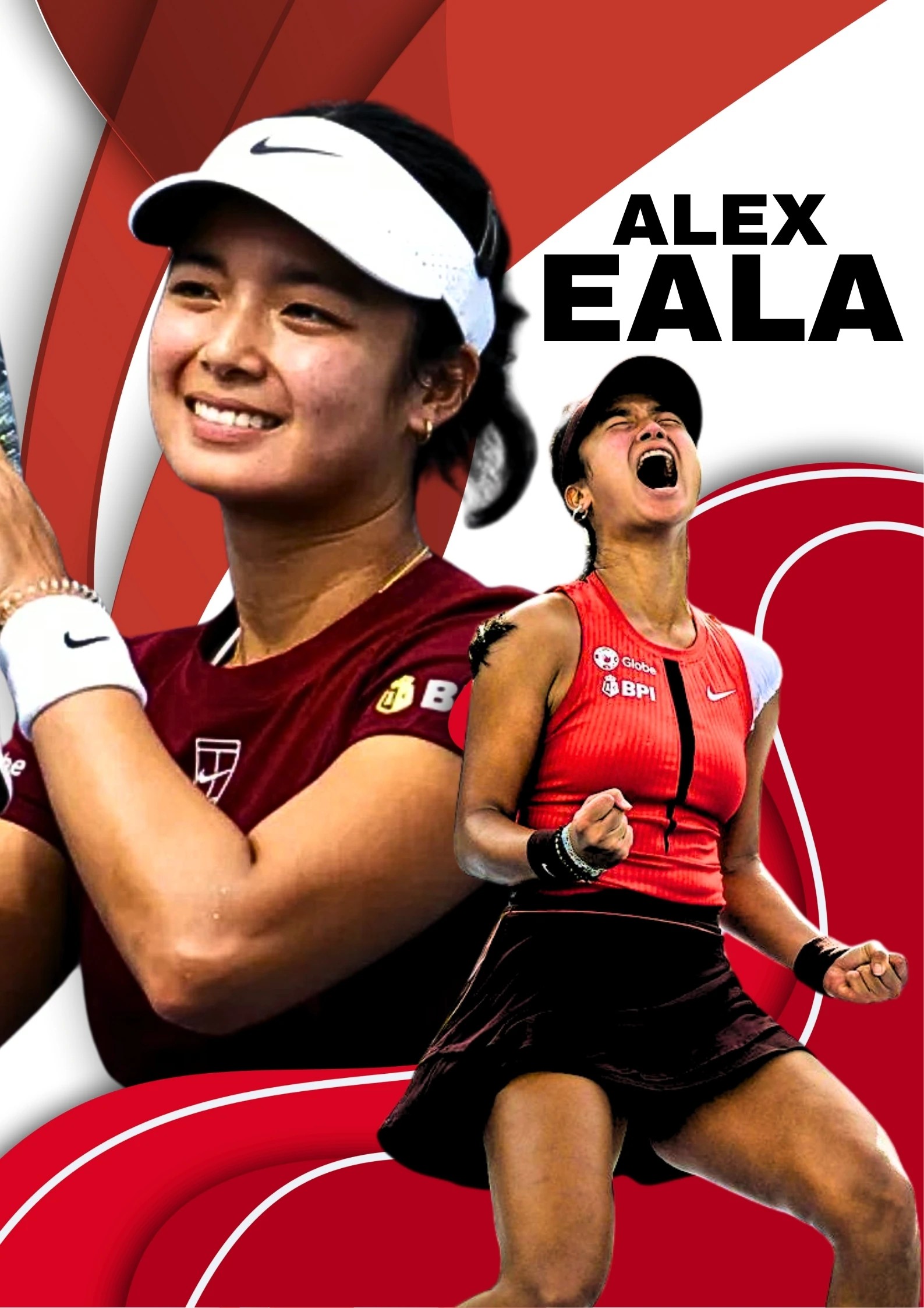 Alex Eala tennis poster with layered portraits in red and white
