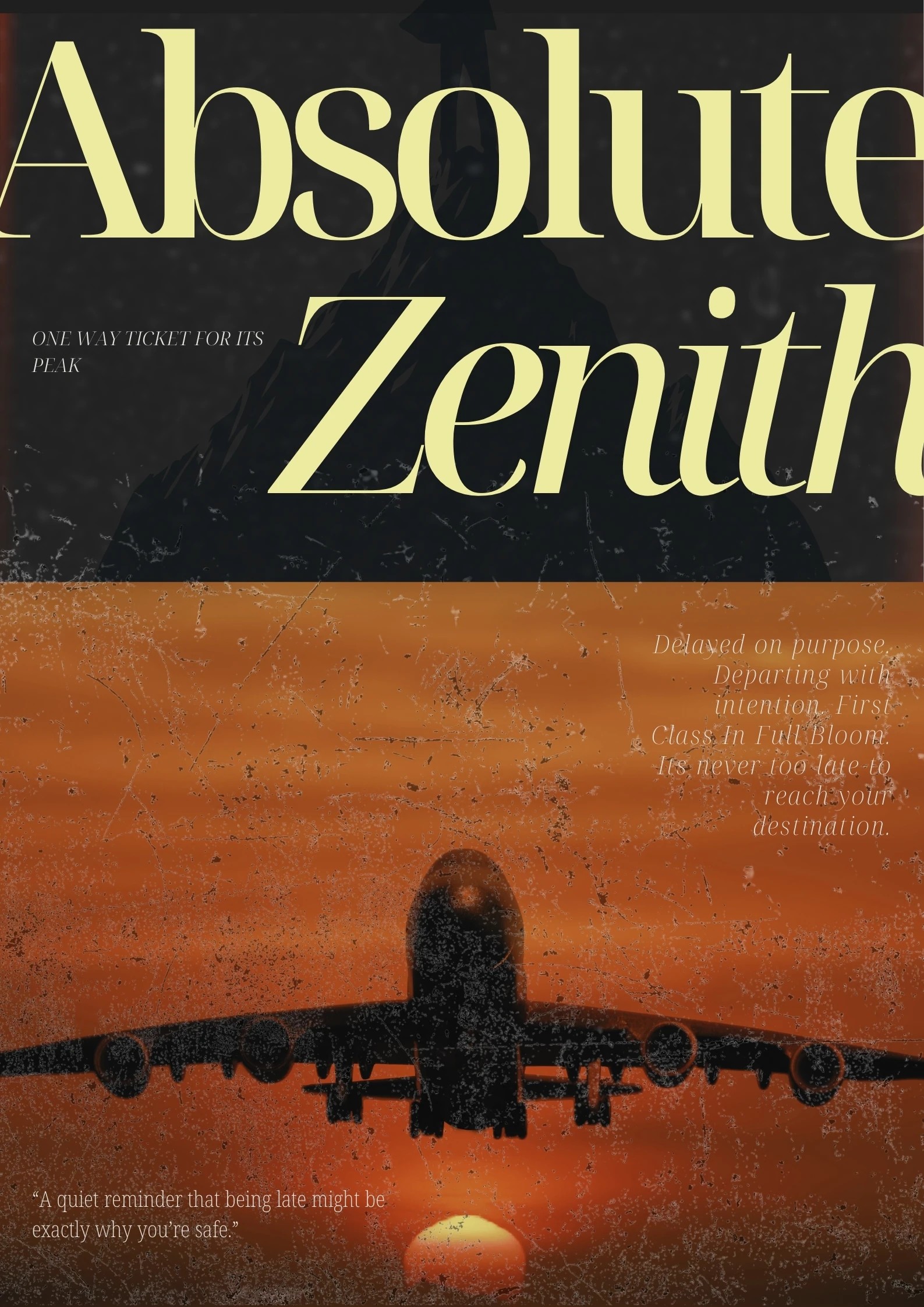 Absolute Zenith poster with large serif typography and warm textured imagery