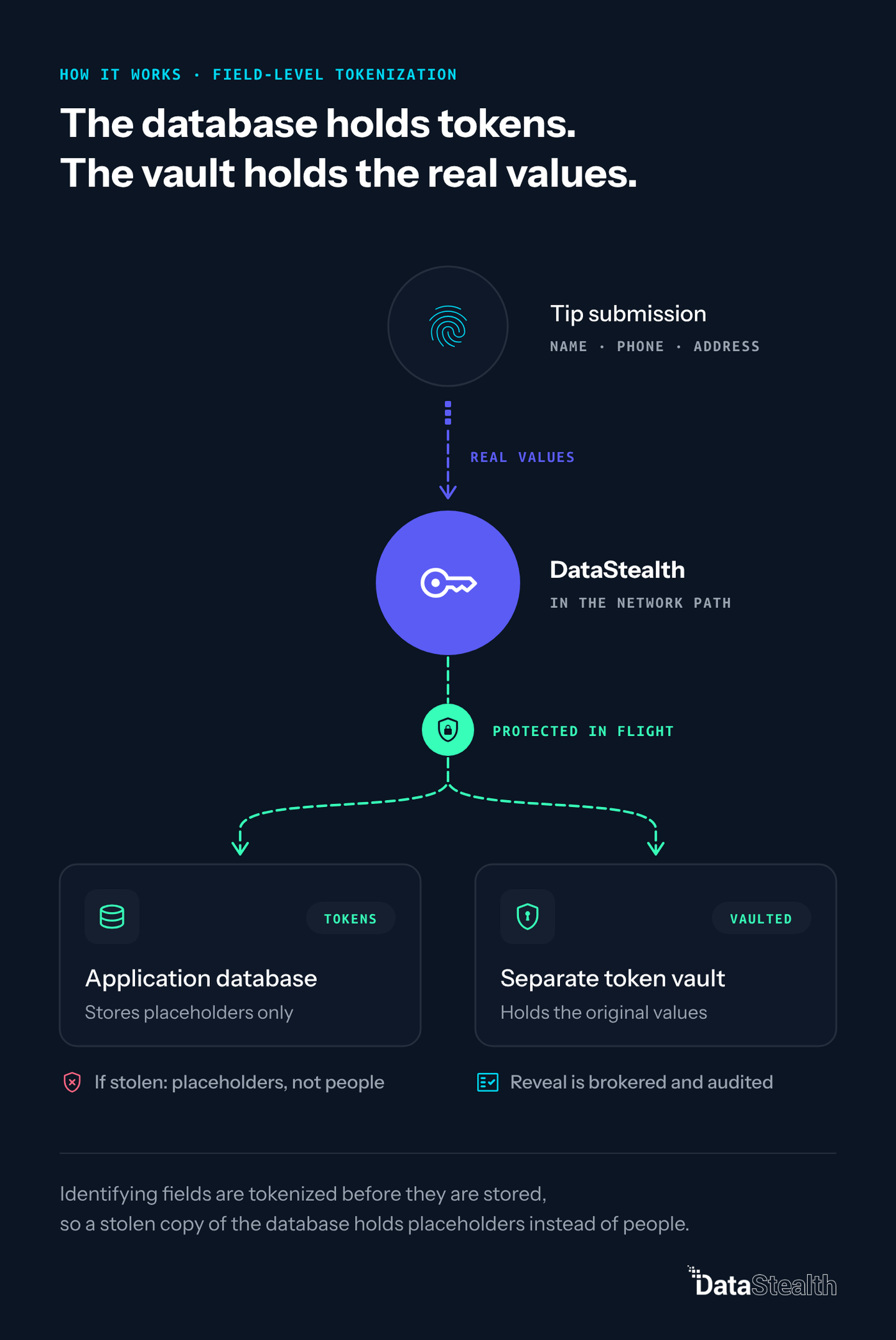 Diagram: DataStealth tokenizes tip data in the network path, sending tokens to the database and real values to a separate vault.