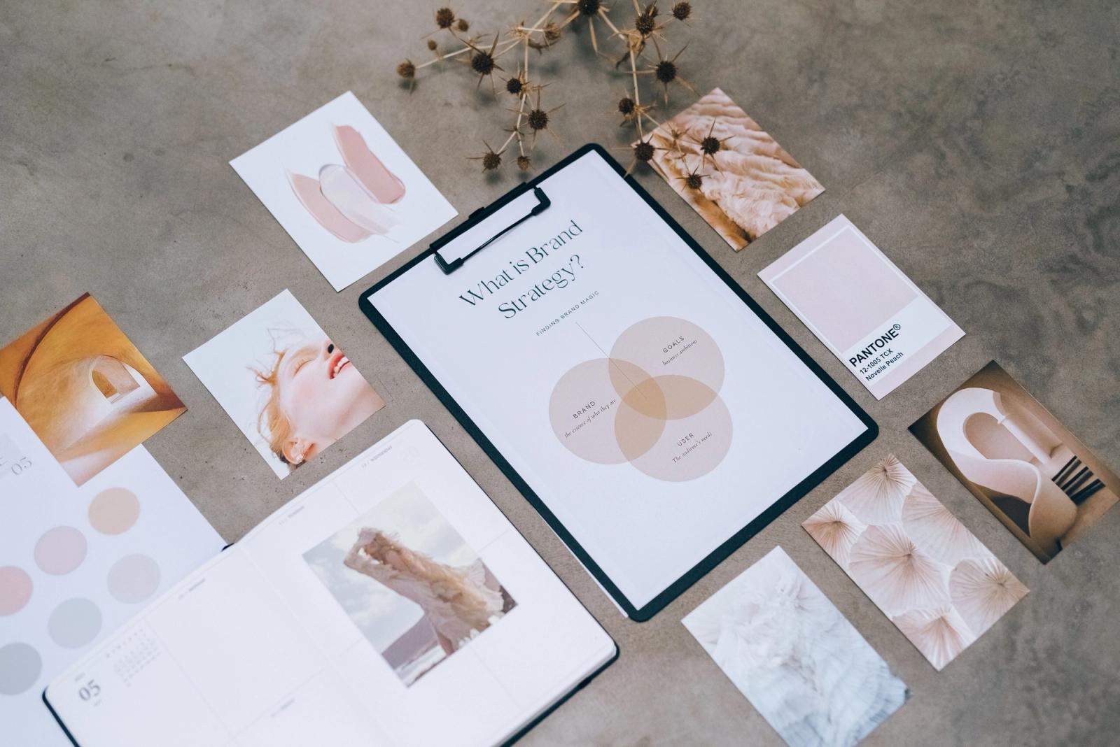 Brand strategy moodboard with business and design materials