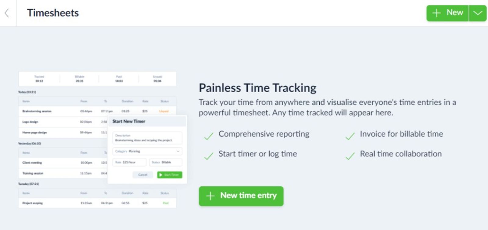 Plutio timesheets screen from the business management software review