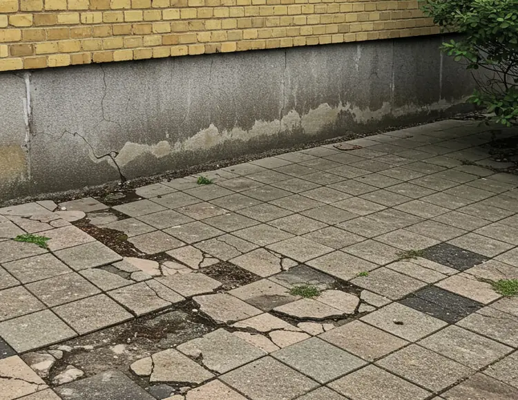 Billedet viser en fugtskadet sokkel med sætningsskader. Foran soklen ligger fliser ødelagt af underliggende rodnet
