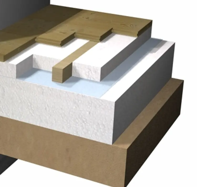 Skitse af isolering af terrændæk uden beton. Der er brugt en tyk EPS plade som kappilarbrydende isolering under en opbygning med strøer der er isoleret mellem. Øverst er der lagt trægulv