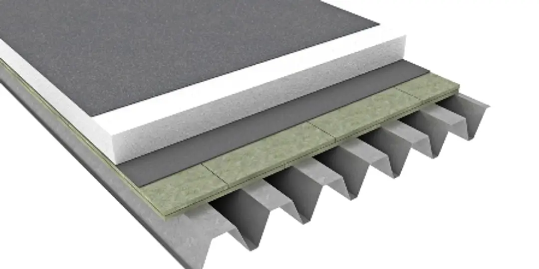 Visualisering af tagisolering på et fladt tag med effektiv isolering af Sundolitt Kombitag