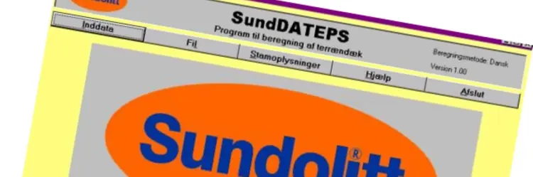 Skærmbillede fra Sundolitts gamle program til beregning af terrændæk SunDATEPS som nu er afløst af greenSlab fra PPCD