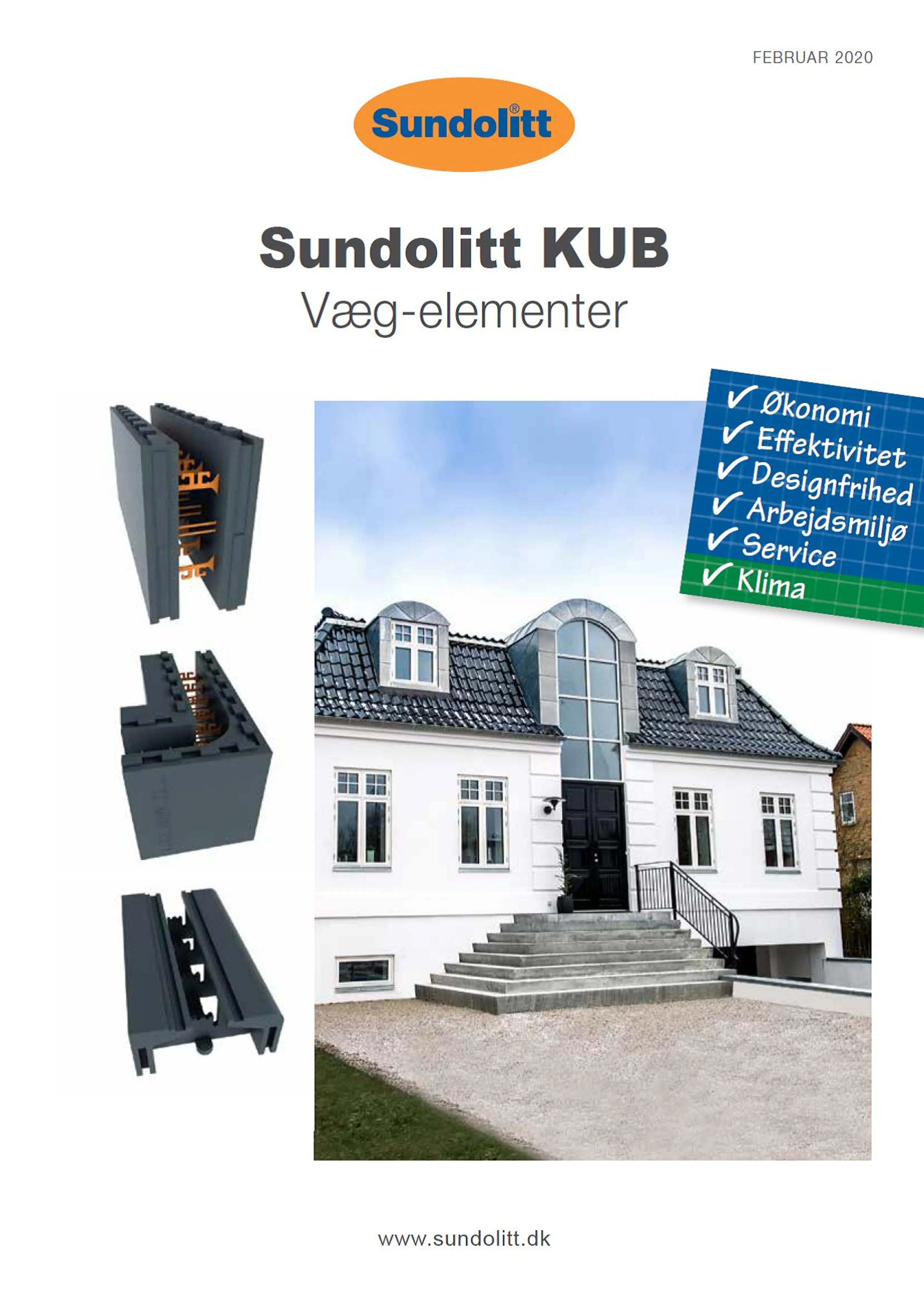 Forsiden af Sundolitt KUB brochure. Her ses en villa opført i klassisk dansk stil med de isolerende vægelementer