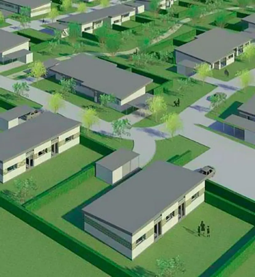 Visualisering af et projekt med byggeri af enfamiliehuse og rækkehuse