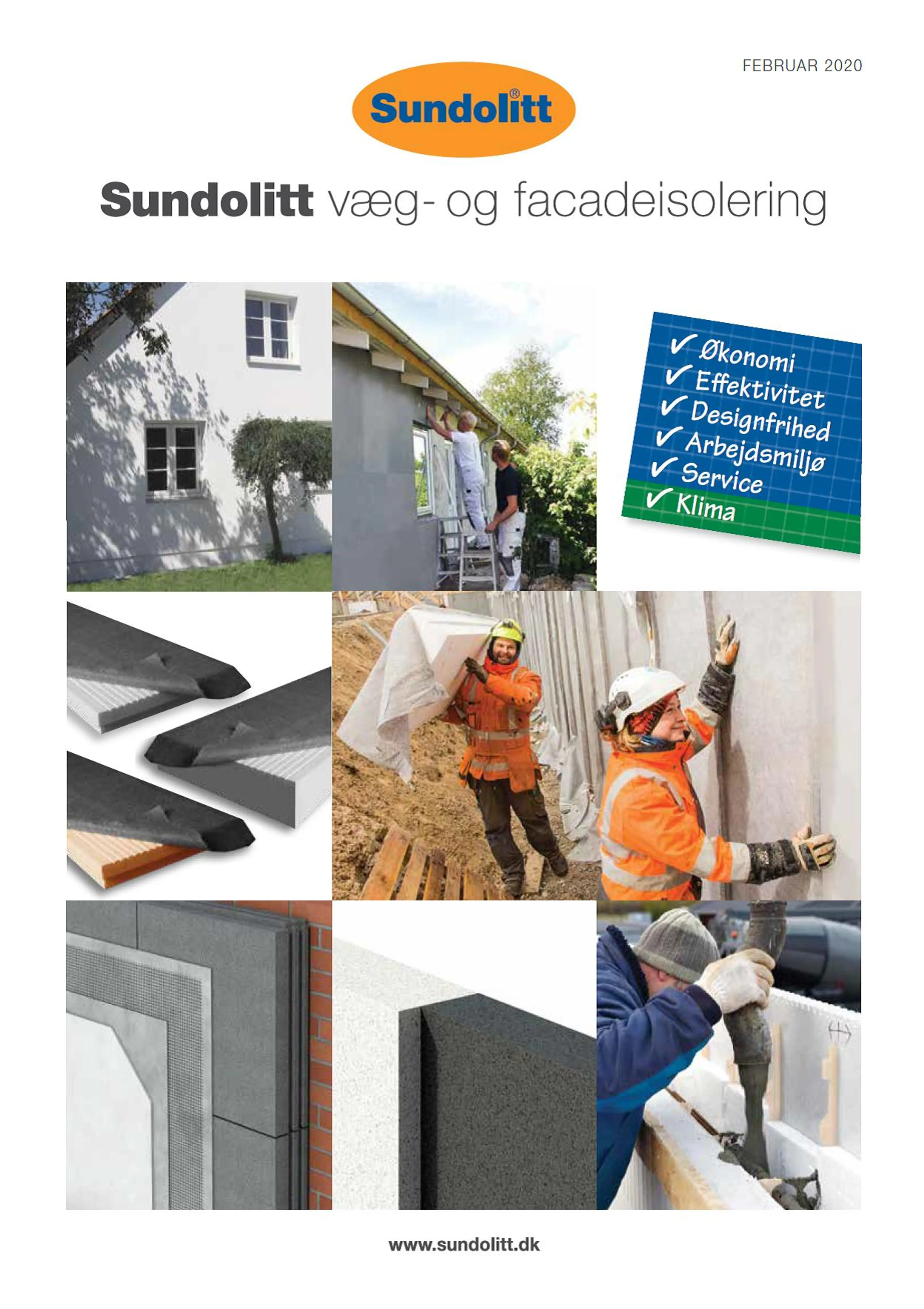 Forside af Sundolitt væg og facade isolering brochure hvor håndværkere er i gang med at montere drænplader og støbe sokler