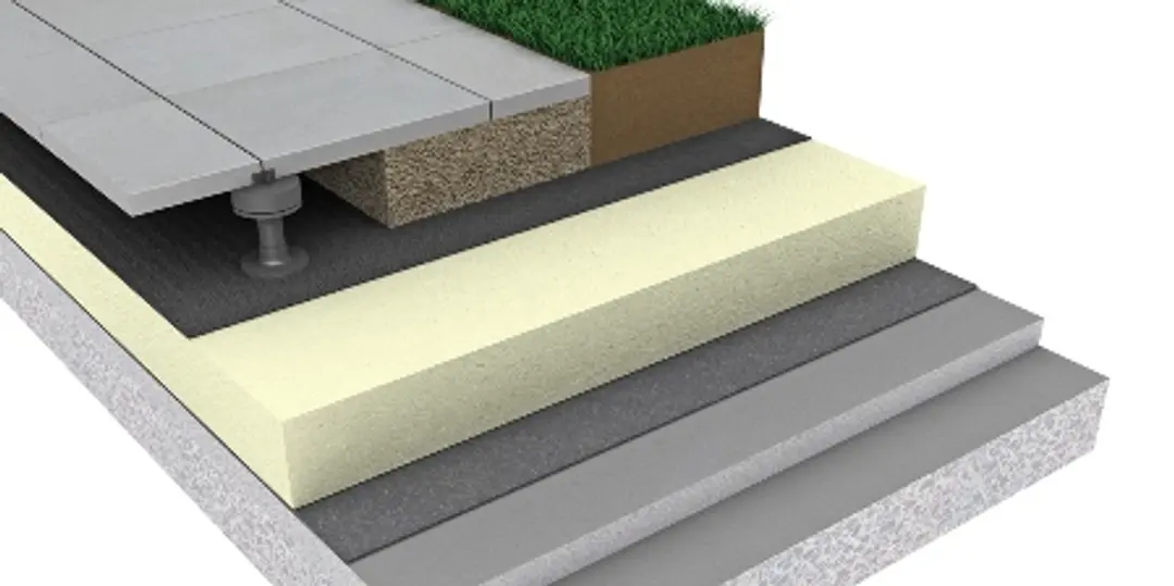 Visualisering af tagisolering på omvendt tag hvor Sundolitt XPS trykfast isolering også sikrer mod optag af vand