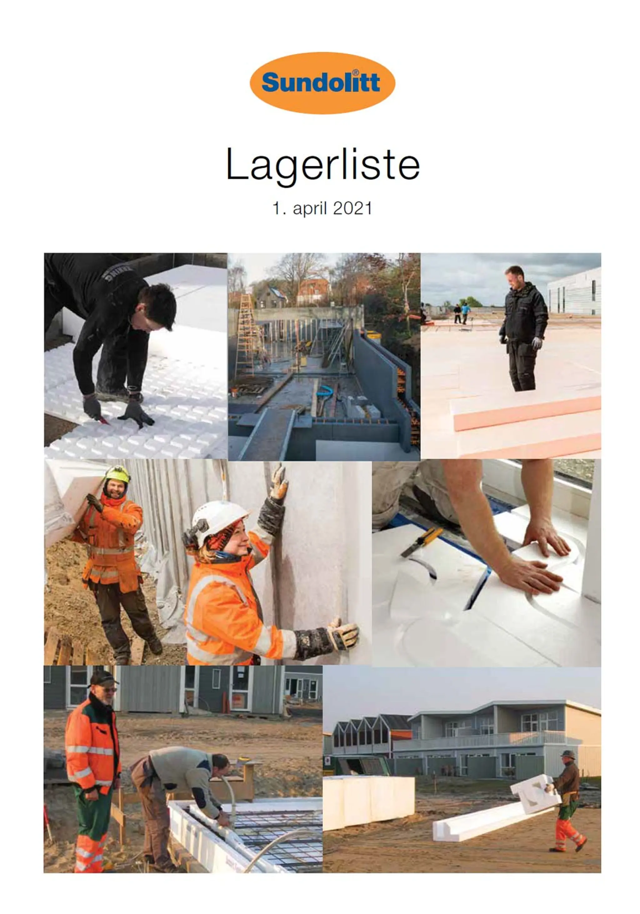 Forside af en lagerliste over isolering fra Sundolitt. Der er en kollage af fotos med håndværkere der arbejder med radonsikring, drænplader, gulvvarmeplader og fundering