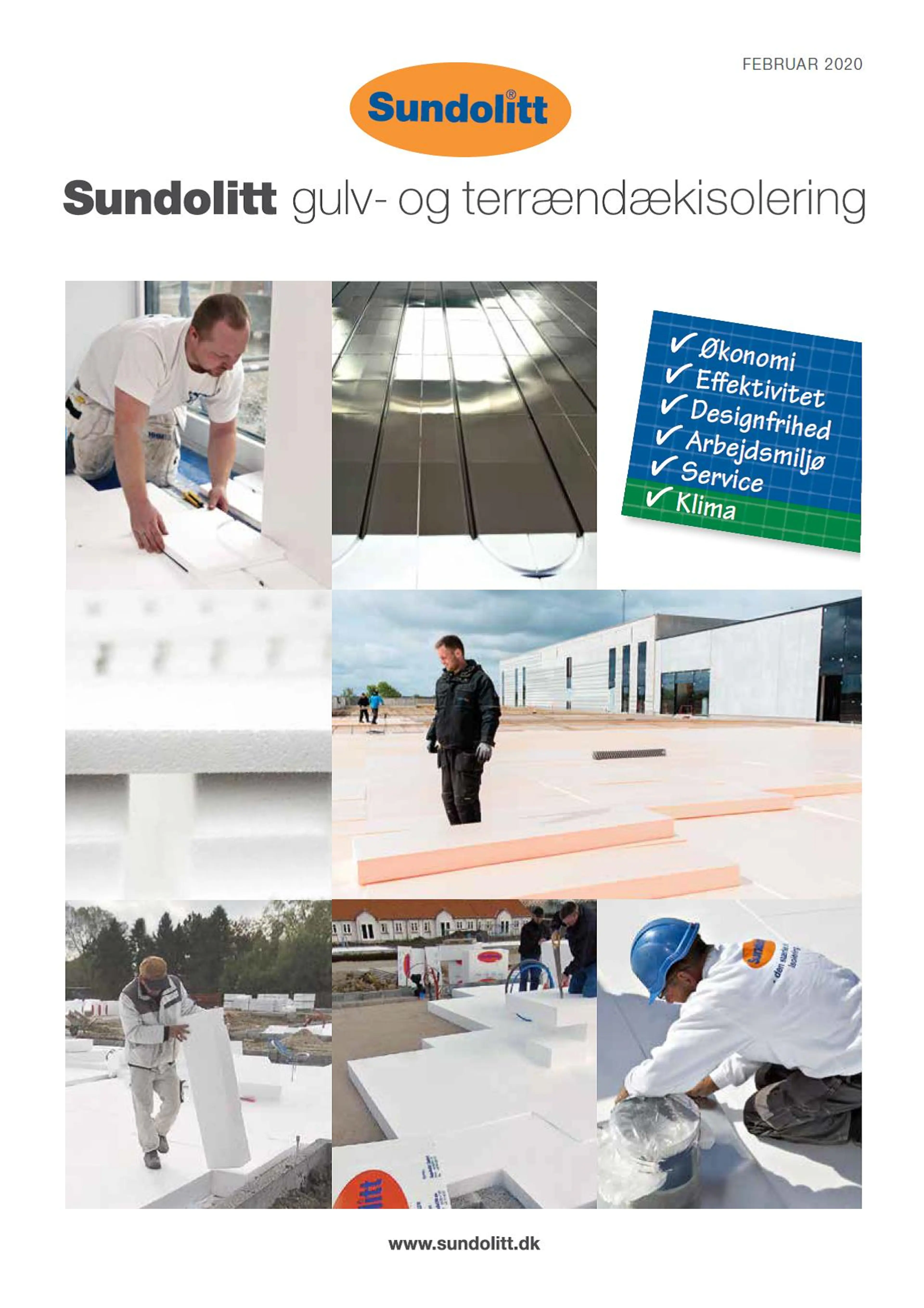 Forsiden af Sundolitt gulv og terrændæk isolering brochure med fotos af håndværkere i gang med at lægge isolering