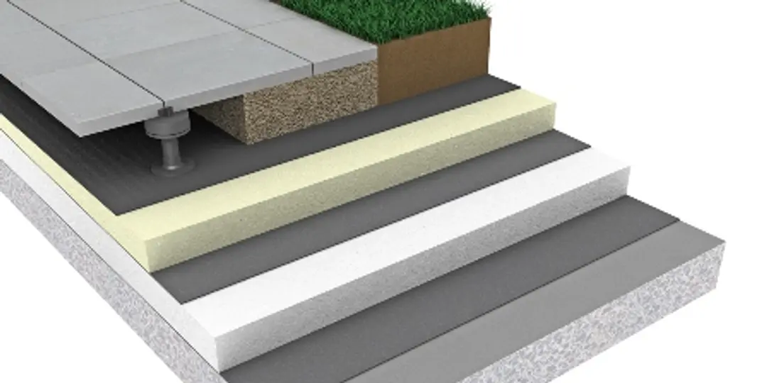 Visualisering af tagisolering under tagterrasse hvor der både er tagpap, mineraluld og EPS tagisolering i opbygningen