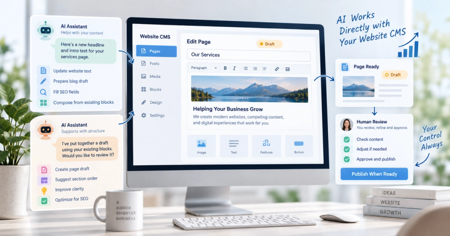 AI helps prepare website content and updates while the user remains in control