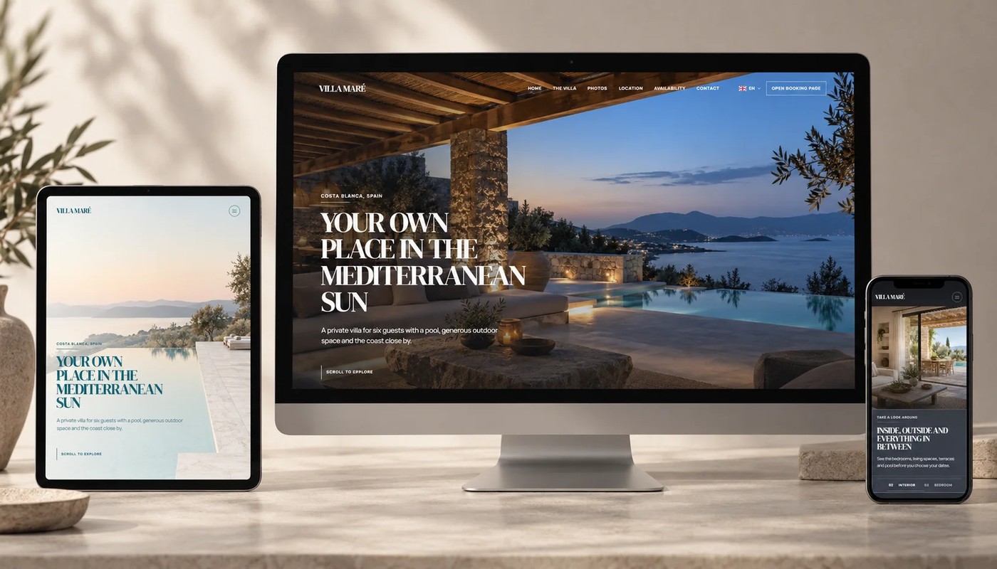 Mock-up of the dark Villa Maré vacation rental website