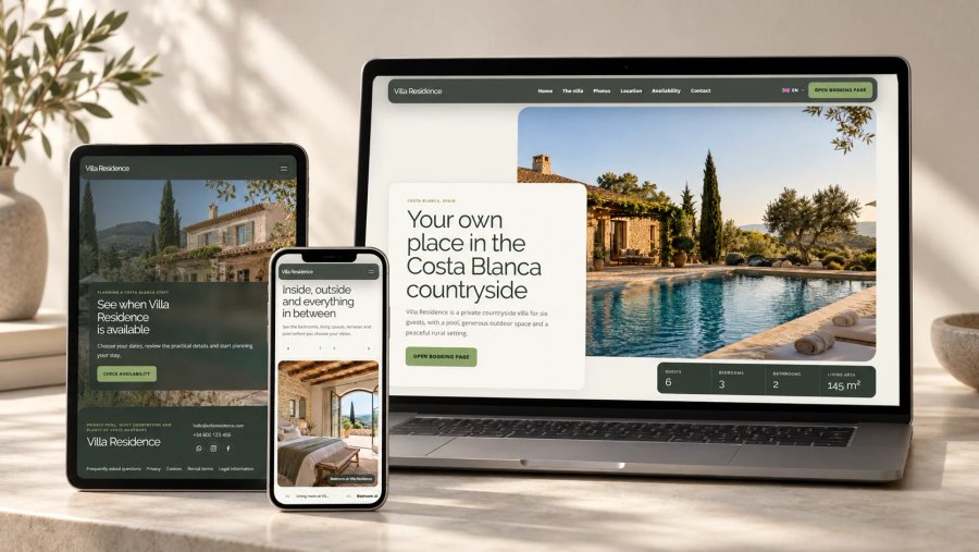 Real landscape mockup of a vacation rental website with property information