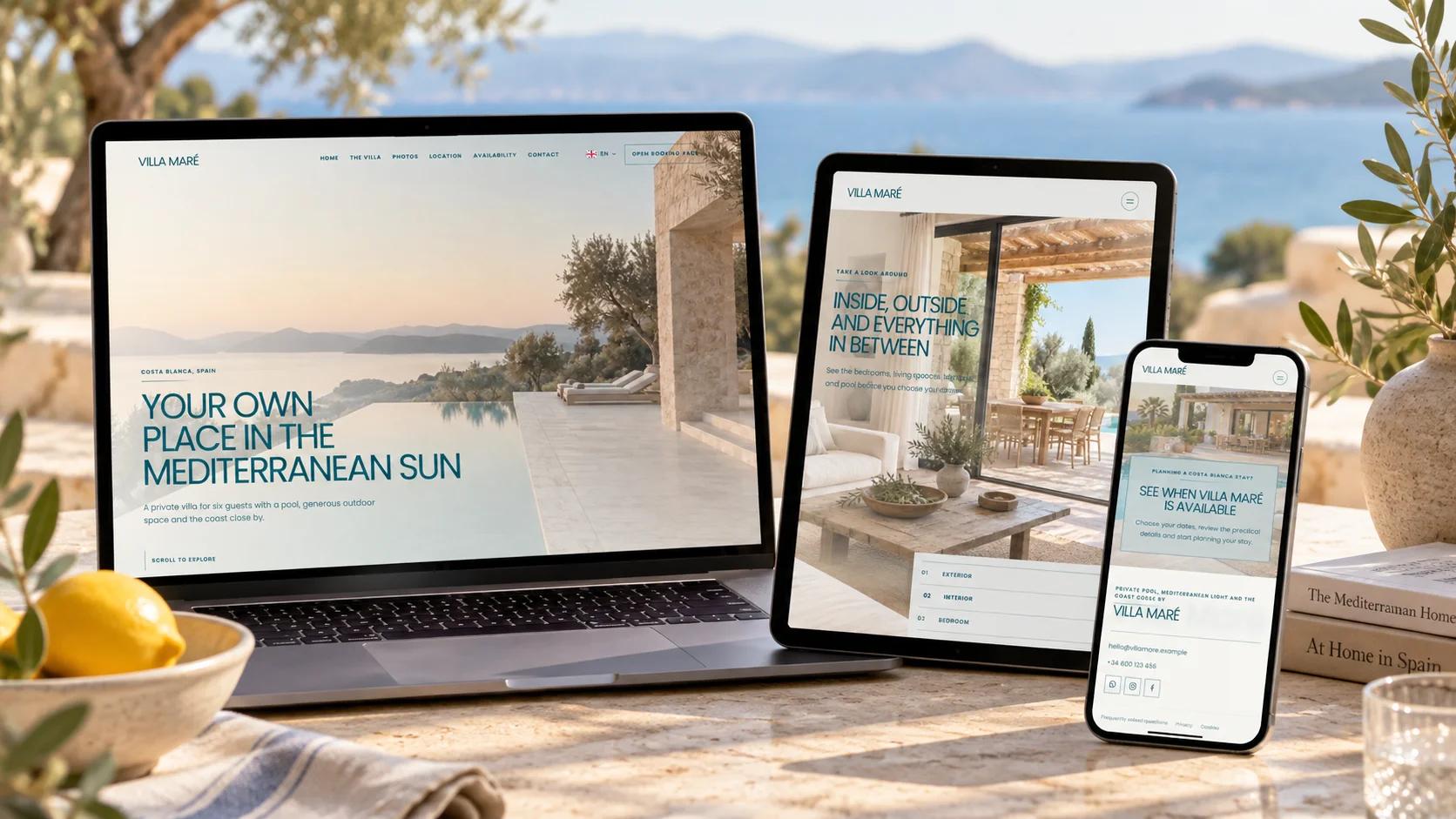Mock-up of the light Villa Maré vacation rental website