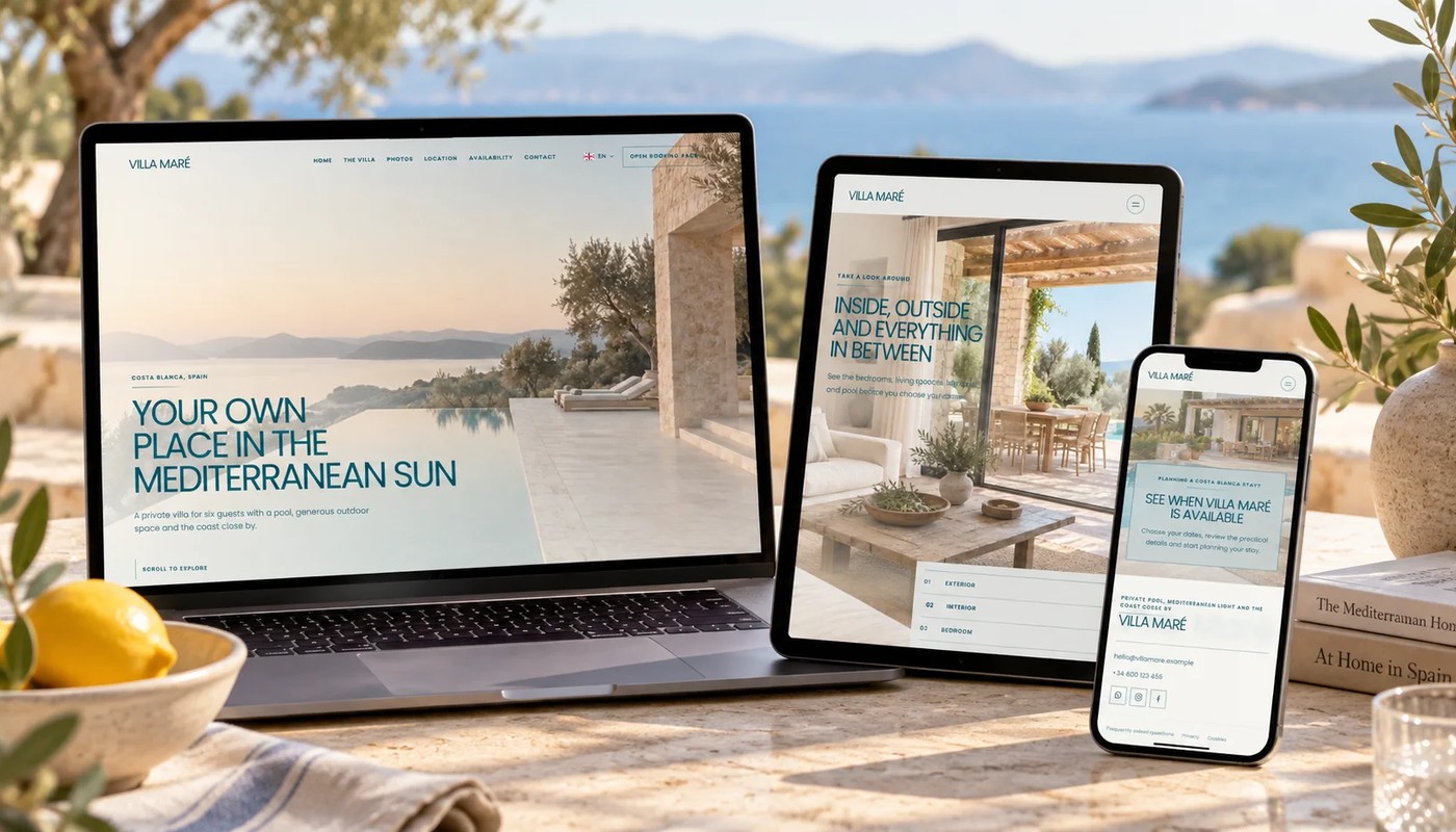 Mock-up of the light Villa Maré vacation rental website