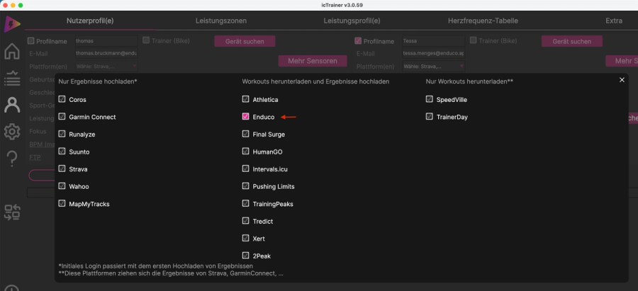 IC Trainer settings listing available synchronization services.