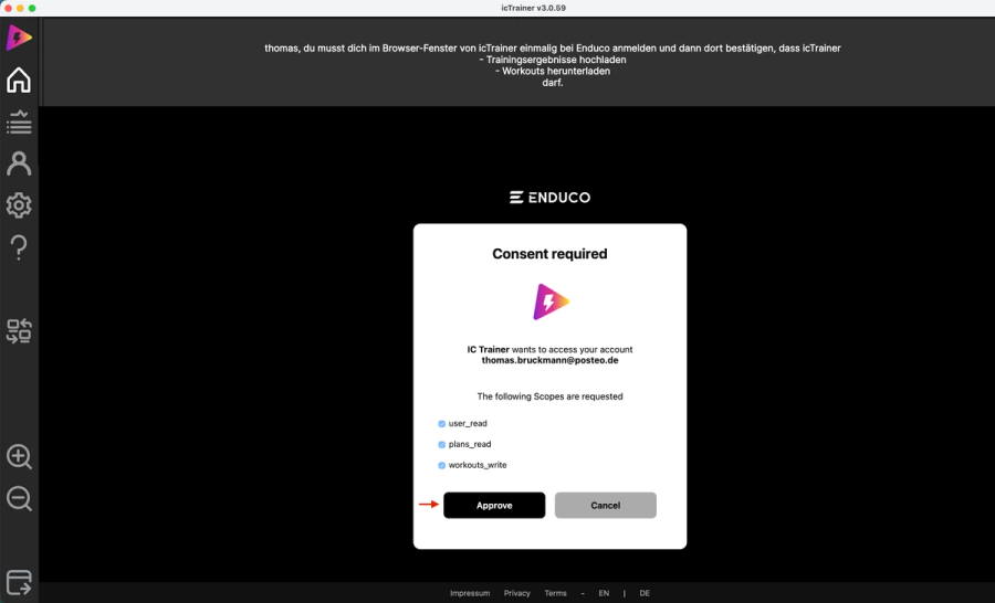 enduco consent dialog requesting access for IC Trainer.