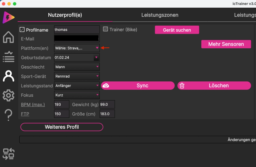 IC Trainer user profile with the Sync button for connecting external services.