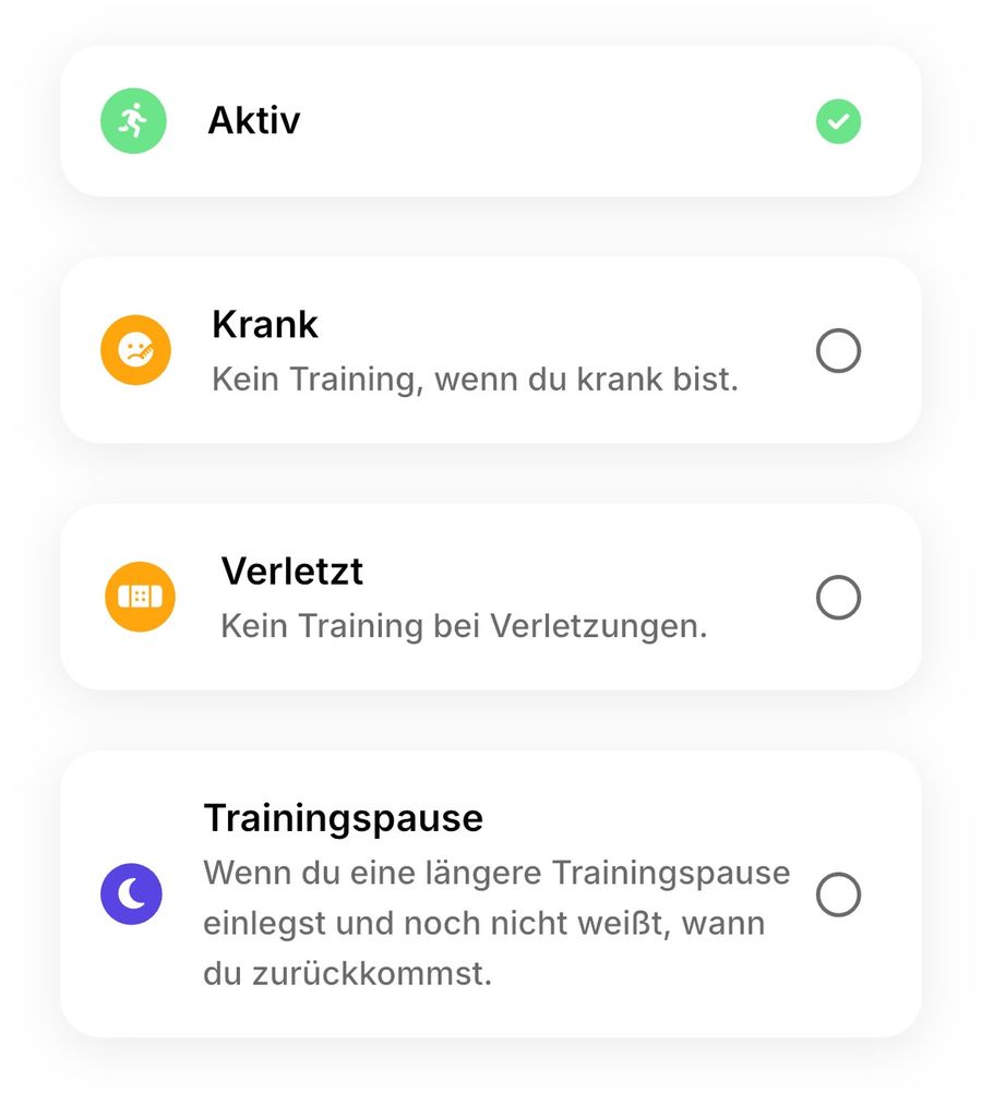 Training status selection in enduco: Active, Sick, Injured or Training Break.