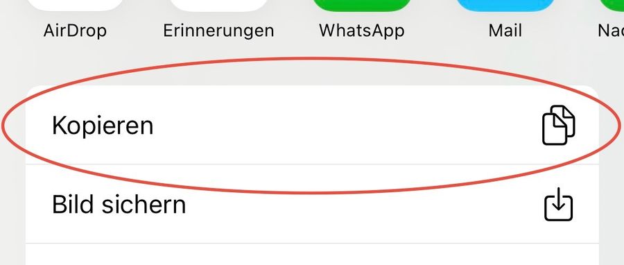 iOS sharing menu with the Copy option circled in red.