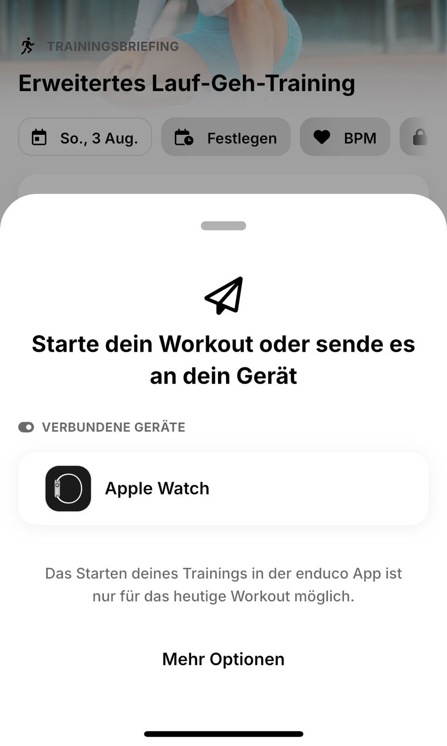 enduco workout dialog with the Apple Watch option for starting or transferring a workout.