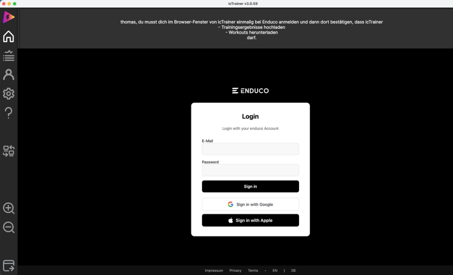 enduco login window during the IC Trainer connection process.