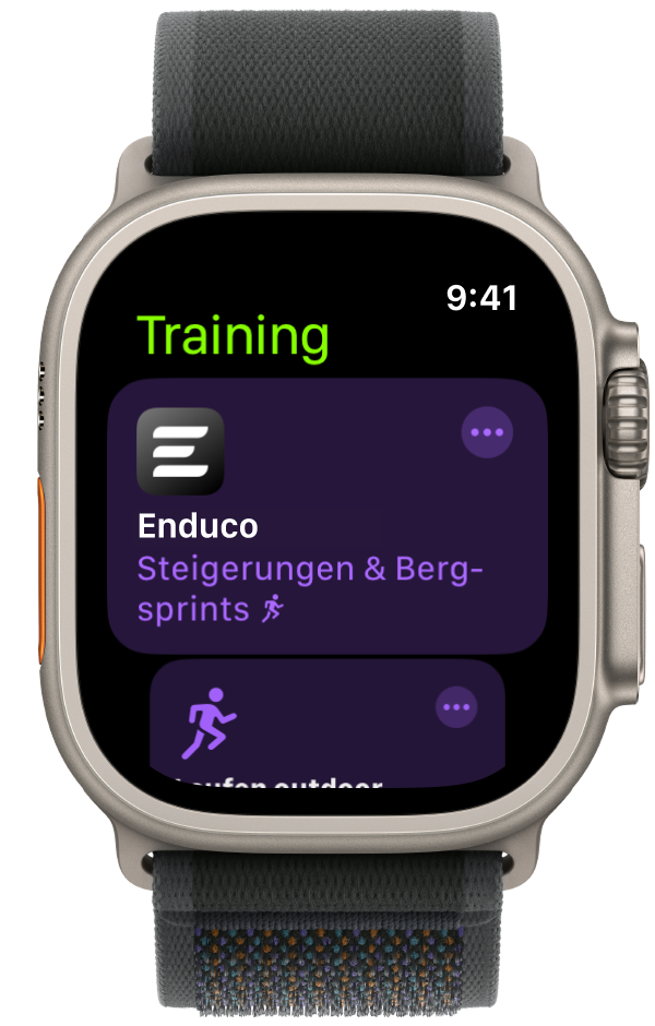 Apple Watch displaying a scheduled enduco workout in the Workout app.