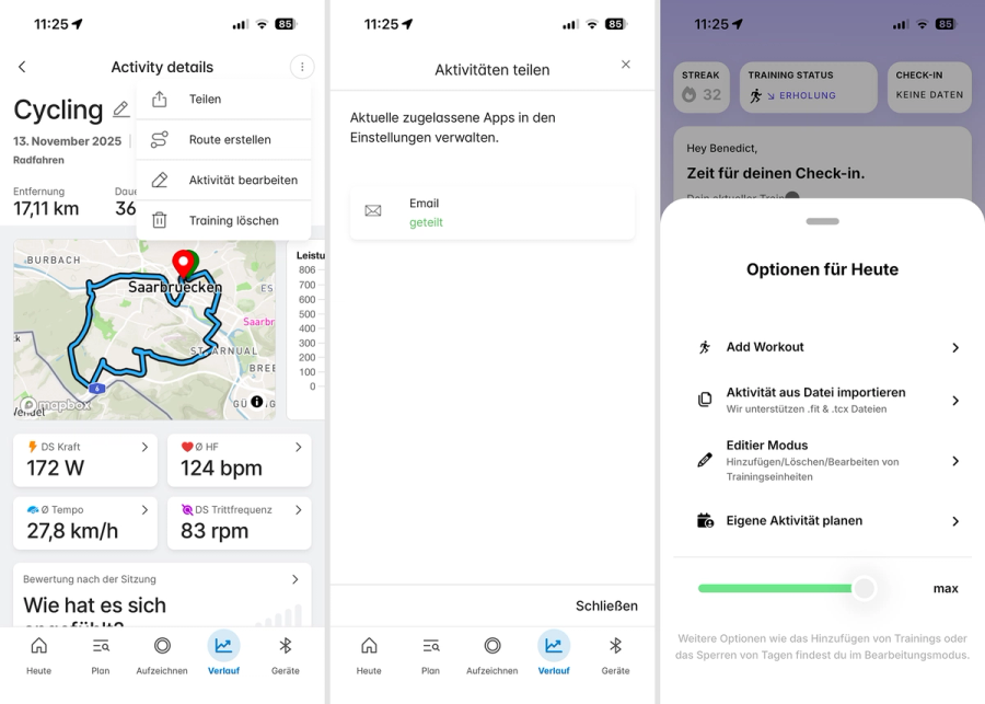 Three app screens showing how to share a Wahoo activity as a file and import an activity file into enduco.