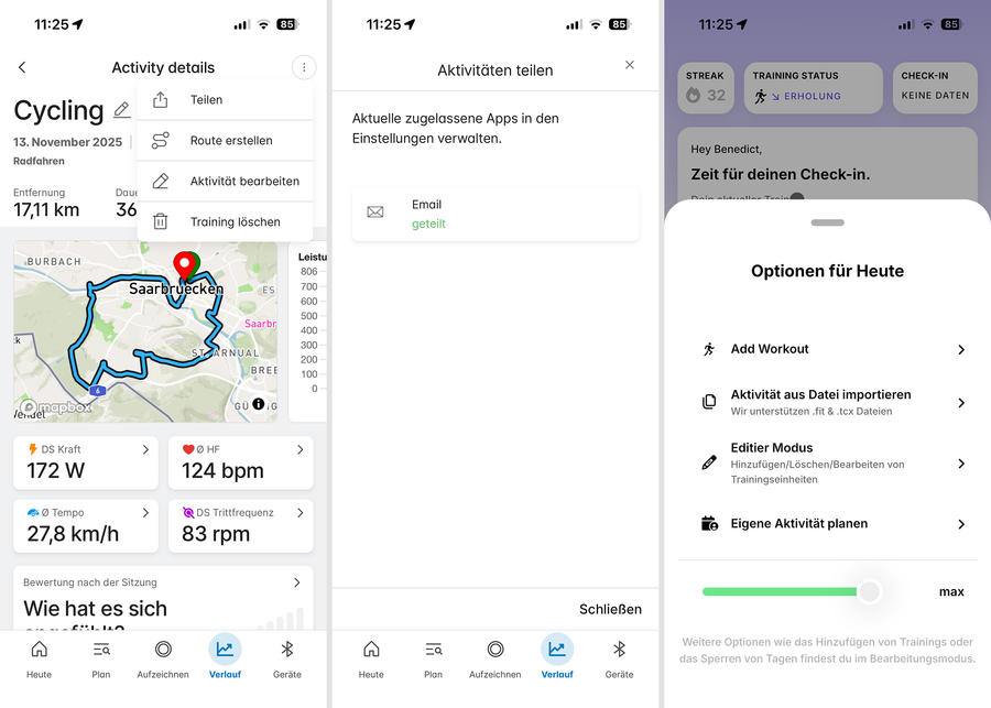 Three app screens showing how to share a Wahoo activity as a file and import an activity file into enduco.
