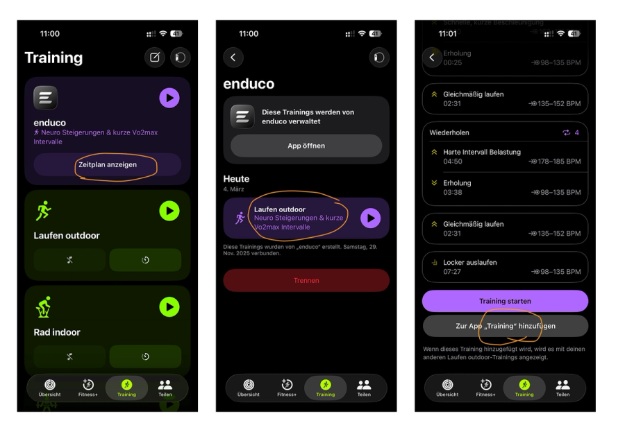Drei Ansichten der Apple-Trainings-App zeigen die Auswahl eines enduco-Workouts und dessen Trainingseinstellungen.