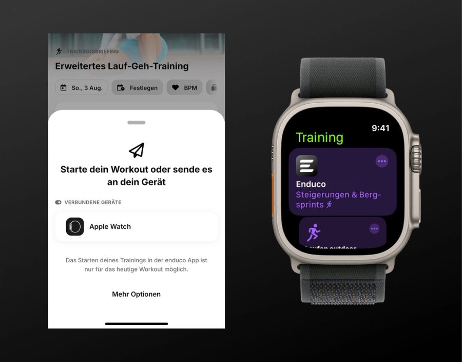 enduco-Workoutdialog zum Senden an die Apple Watch neben der Trainingsansicht auf der Uhr.