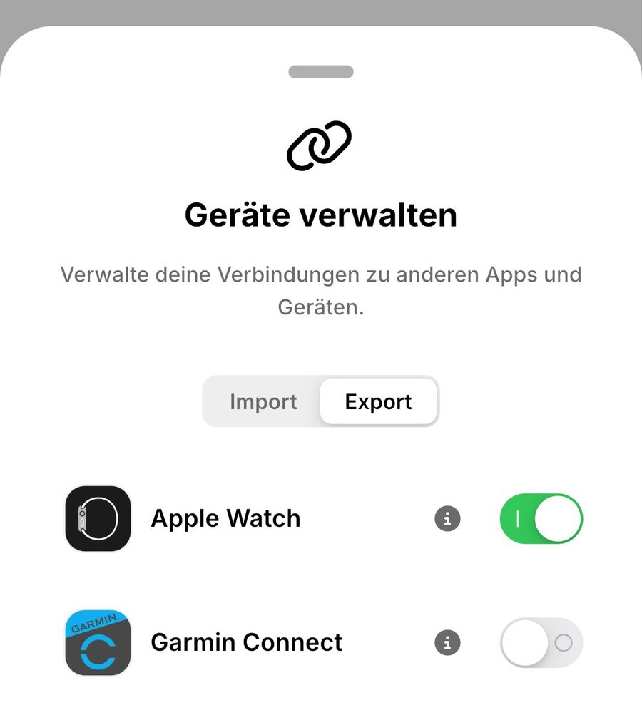 Device management on the Export tab: Apple Watch is enabled and Garmin Connect is also listed as a connection.