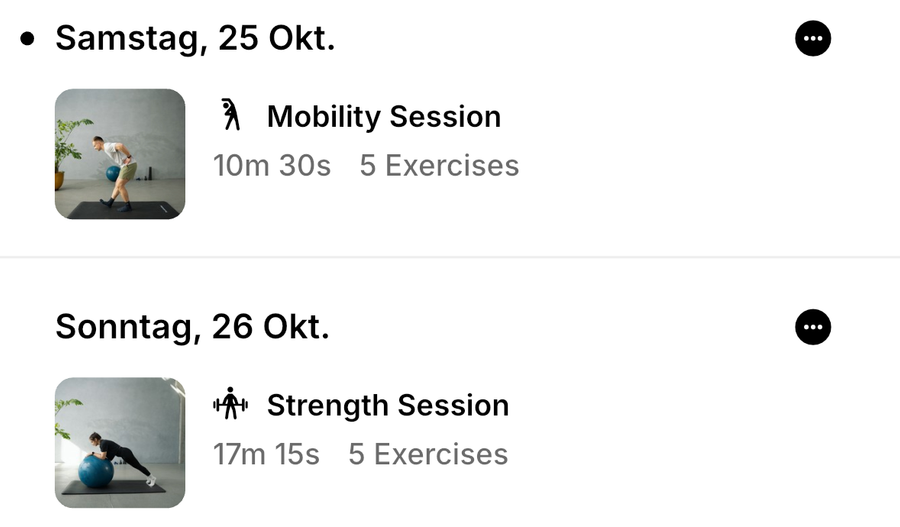 Training plan showing a Mobility Session on Saturday and a Strength Session on Sunday.