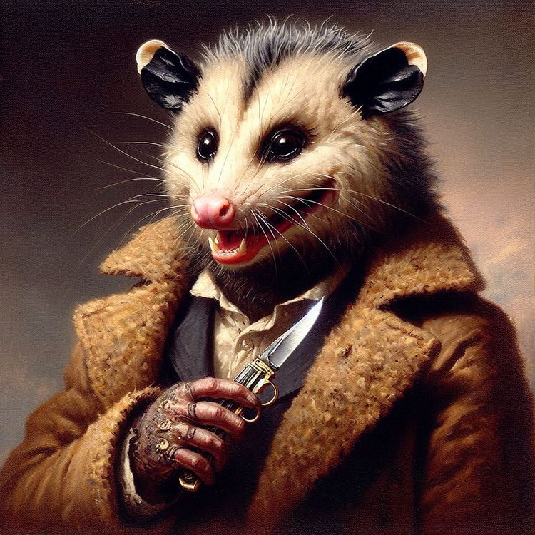 an AI generated painting of an opossum, holding a switchblade suggestively, clad in an elegant suit covered by a tasteful brown wool coat