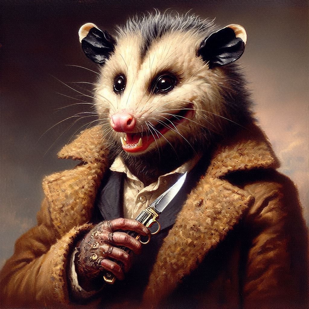 an AI generated painting of an opossum, holding a switchblade suggestively, clad in an elegant suit covered by a tasteful brown wool coat