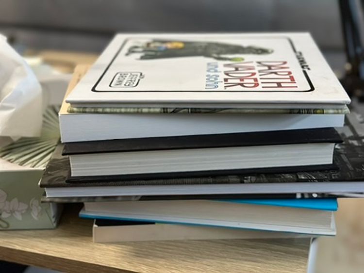 A stack of books displayed on the coffee table, do not judge me, pauper, for how short it is, I possess the might of Kindle