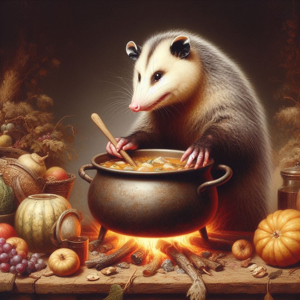 A tasteful painting of an opossum making a strew