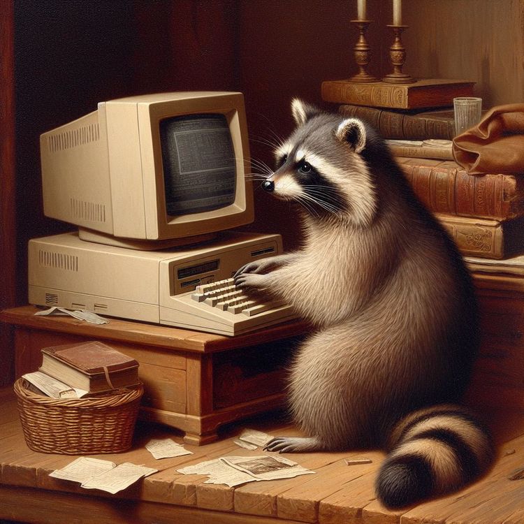 A Renaissance-like painting of a raccoon deep in thought in front of an old computer