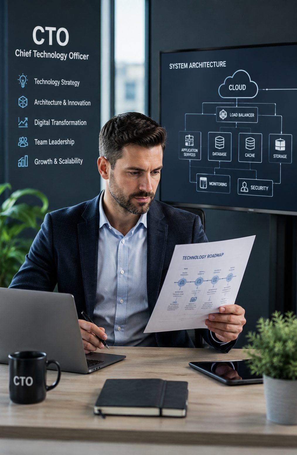 Chief Technology Officer reviewing a technology roadmap and system architecture