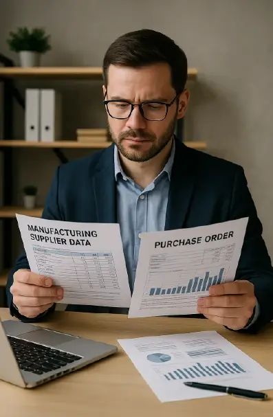 Procurement manager reviewing manufacturing supplier data and purchase orders