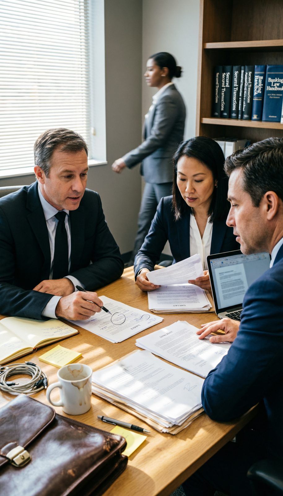 Banking and finance lawyers reviewing legal documents in a law office